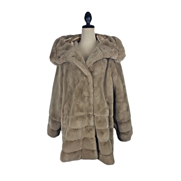 Gallery New York Womens L Hooded Faux Fur Coat Tan Plush Warm Satin Lined Jacket - Picture 3 of 16